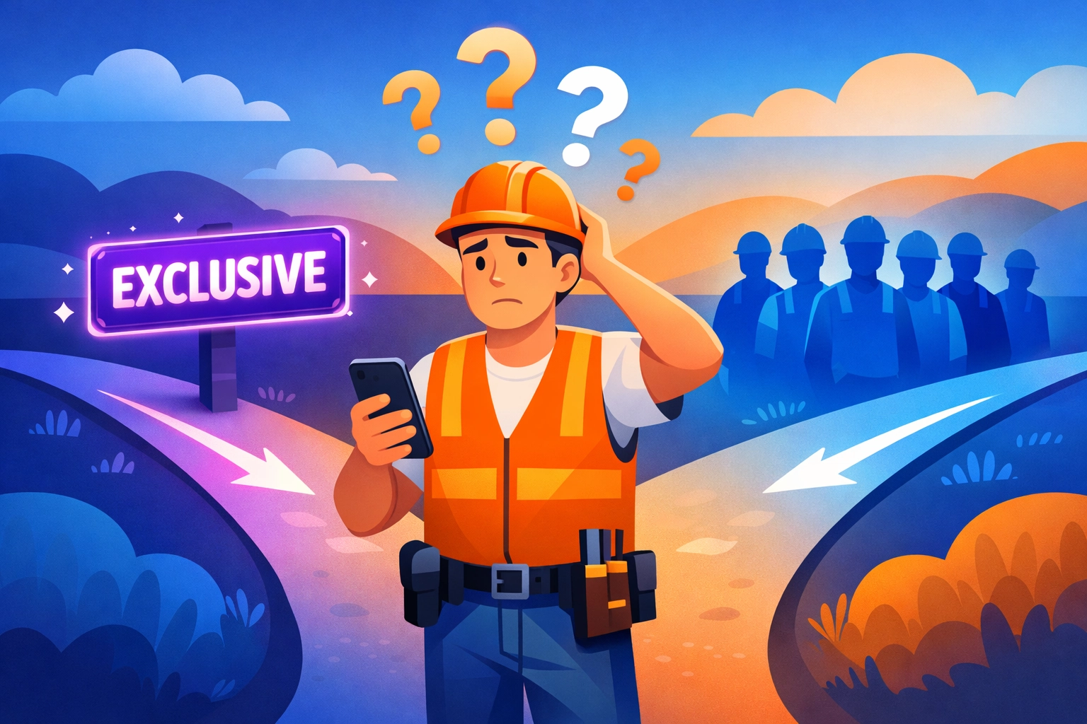 Contractor choosing between exclusive and shared lead options at a crossroads