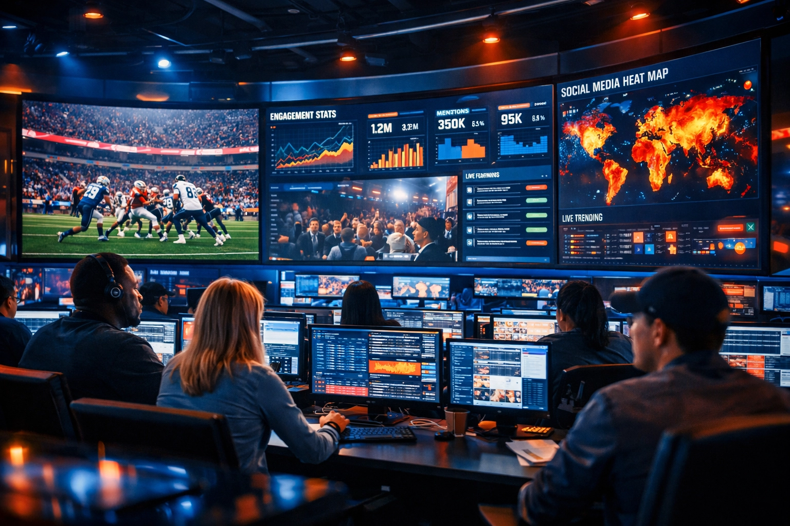 A sports marketing command center tracking real-time data for a Super Bowl digital strategy blitz.