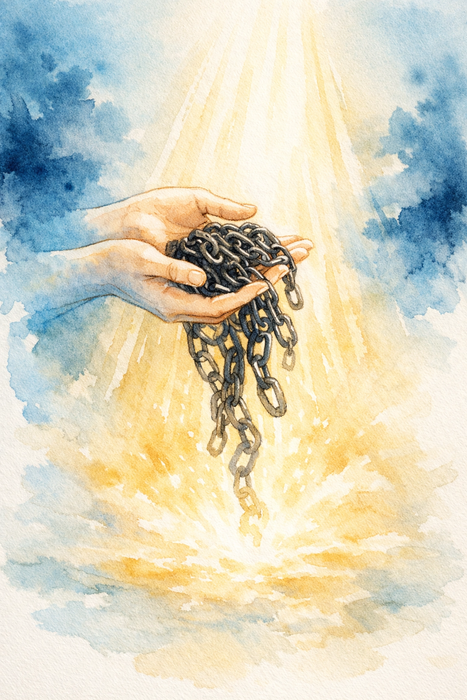 Hands releasing burden chains into light representing freedom from Christian burnout and spiritual rest