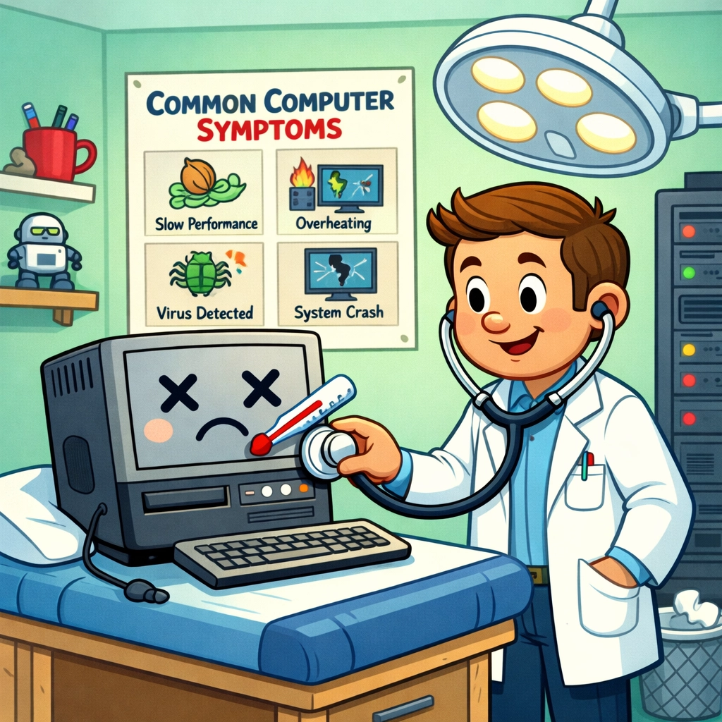 IT technician diagnosing computer like a doctor illustrating IT support troubleshooting process