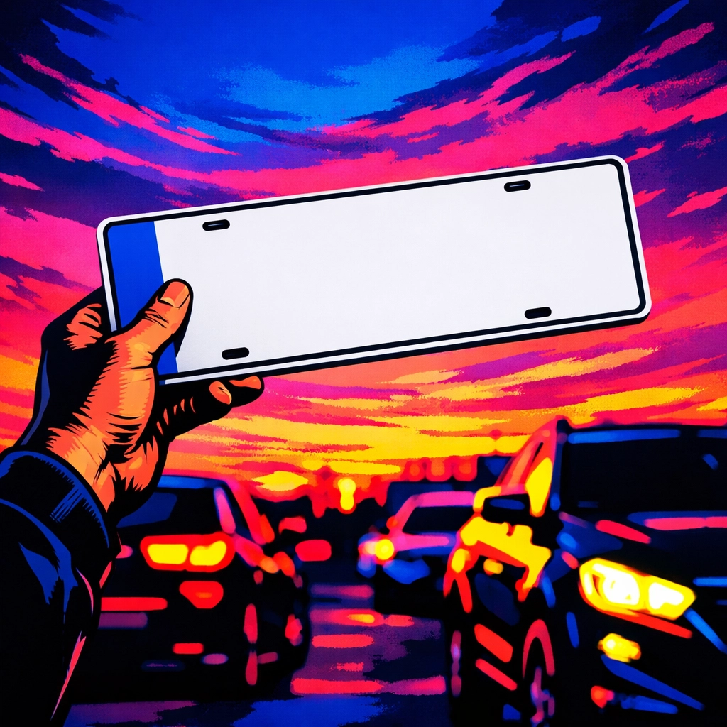 Hand holding a new Missouri license plate at sunset, highlighting 2026 sales tax and temp tag rules.