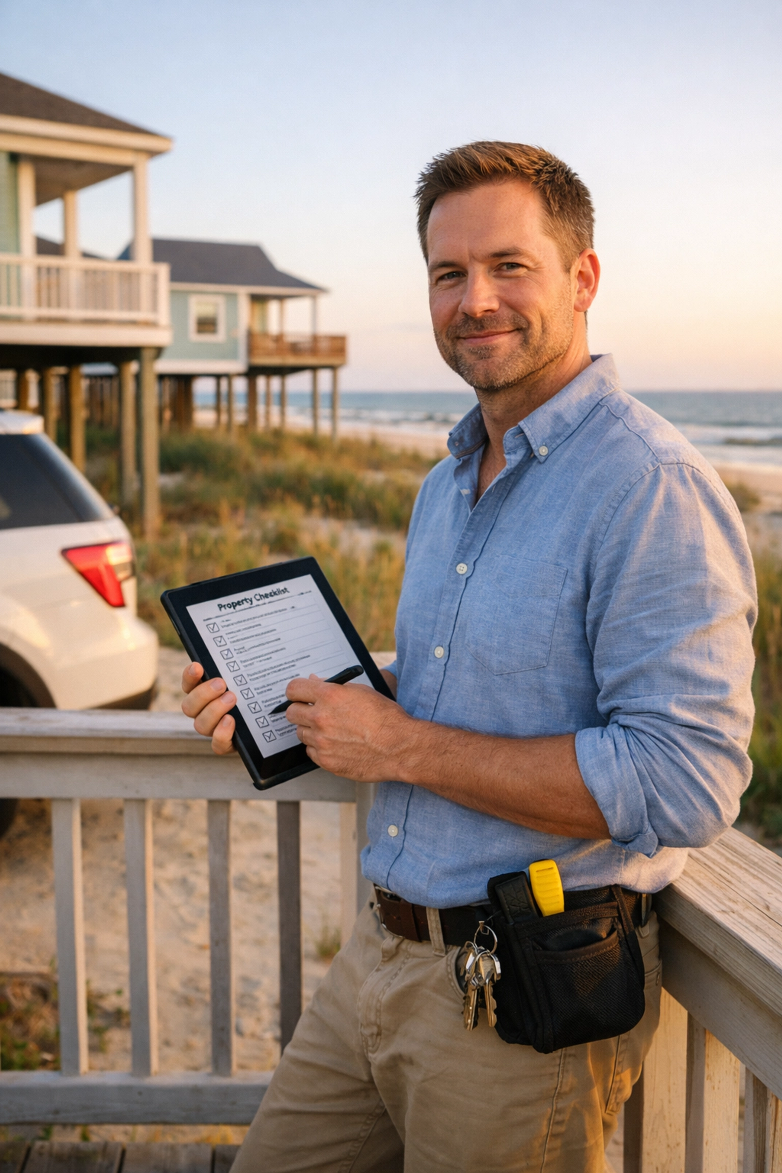 Local property manager inspecting a Bolivar Peninsula beach house to ensure high maintenance standards.