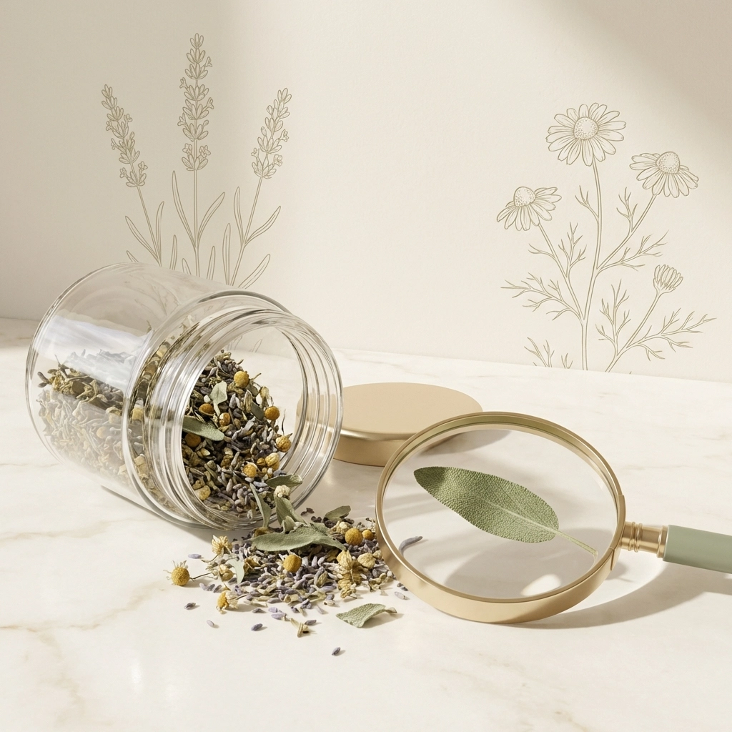 Glass jar with dried herbs, magnifying glass, and botanical drawings illustrating scientific quality control in natural remedies