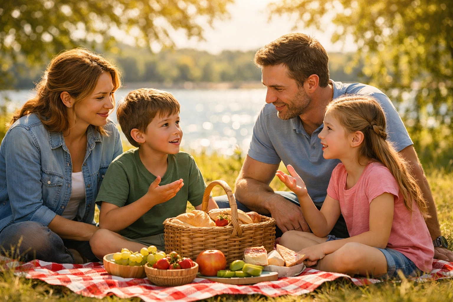 A family enjoys a Socratic picnic, practicing wisdom and virtue as part of a classical academy spring break adventure.