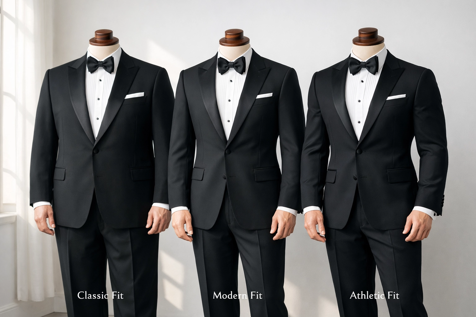 Three tuxedo styles showing proper fit for different body types at tuxedo rental shop