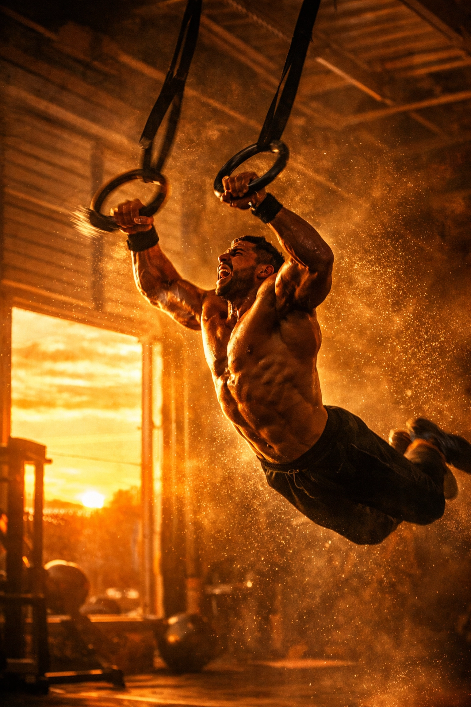 Athlete performing an advanced muscle-up on gymnastic rings during a full body workout at home.