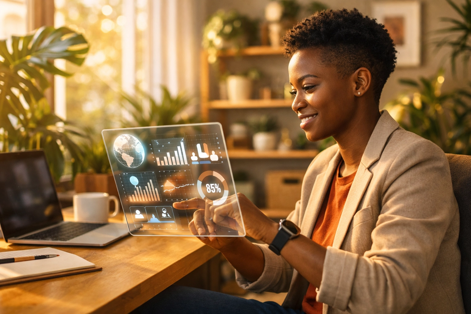 A professional expert in a modern office using a digital tablet to showcase human authority in AI SEO.