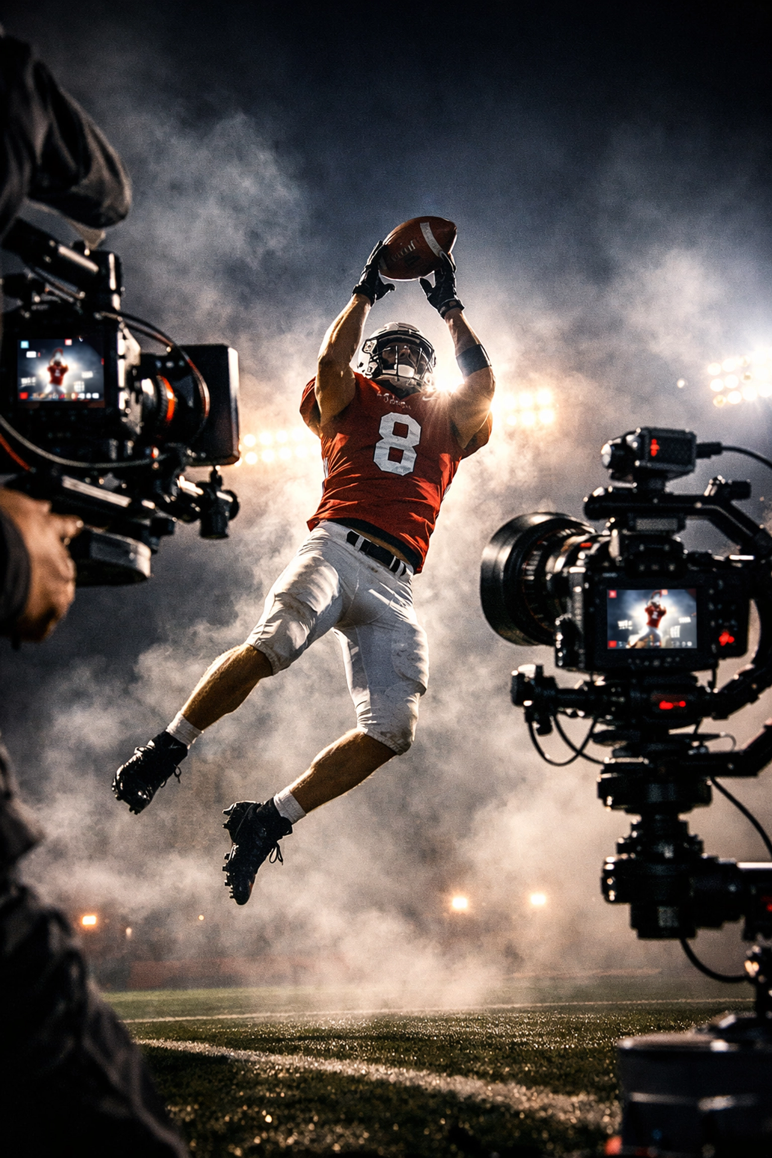 Athlete capturing behind-the-scenes social media content on a football field for NIL storytelling.