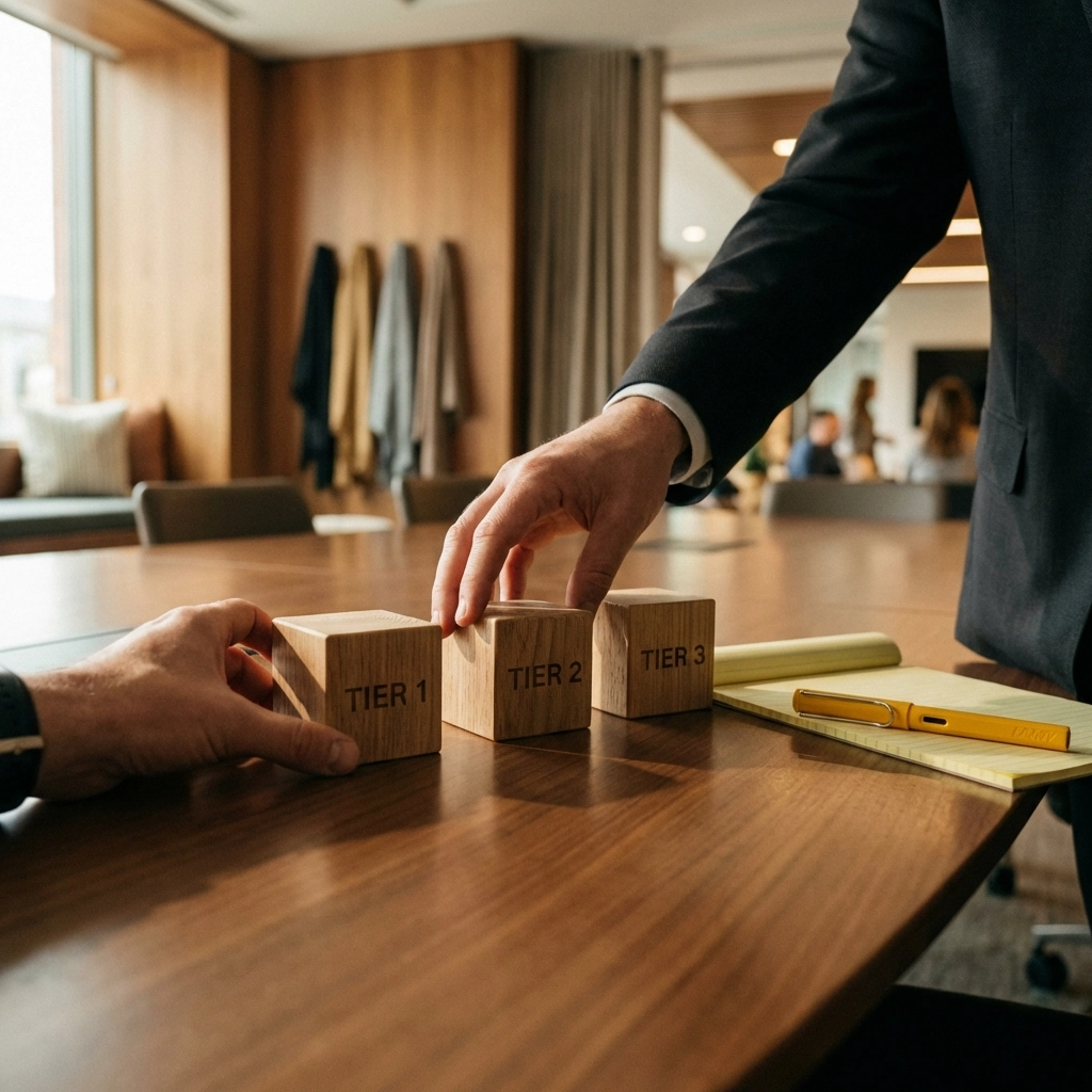 Business consultant arranging identical blocks to show MSP standardized service tiers and efficient offerings