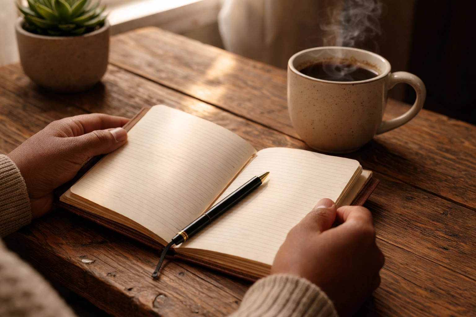 Hands holding journal with coffee highlighting self-reflection for discovering your why
