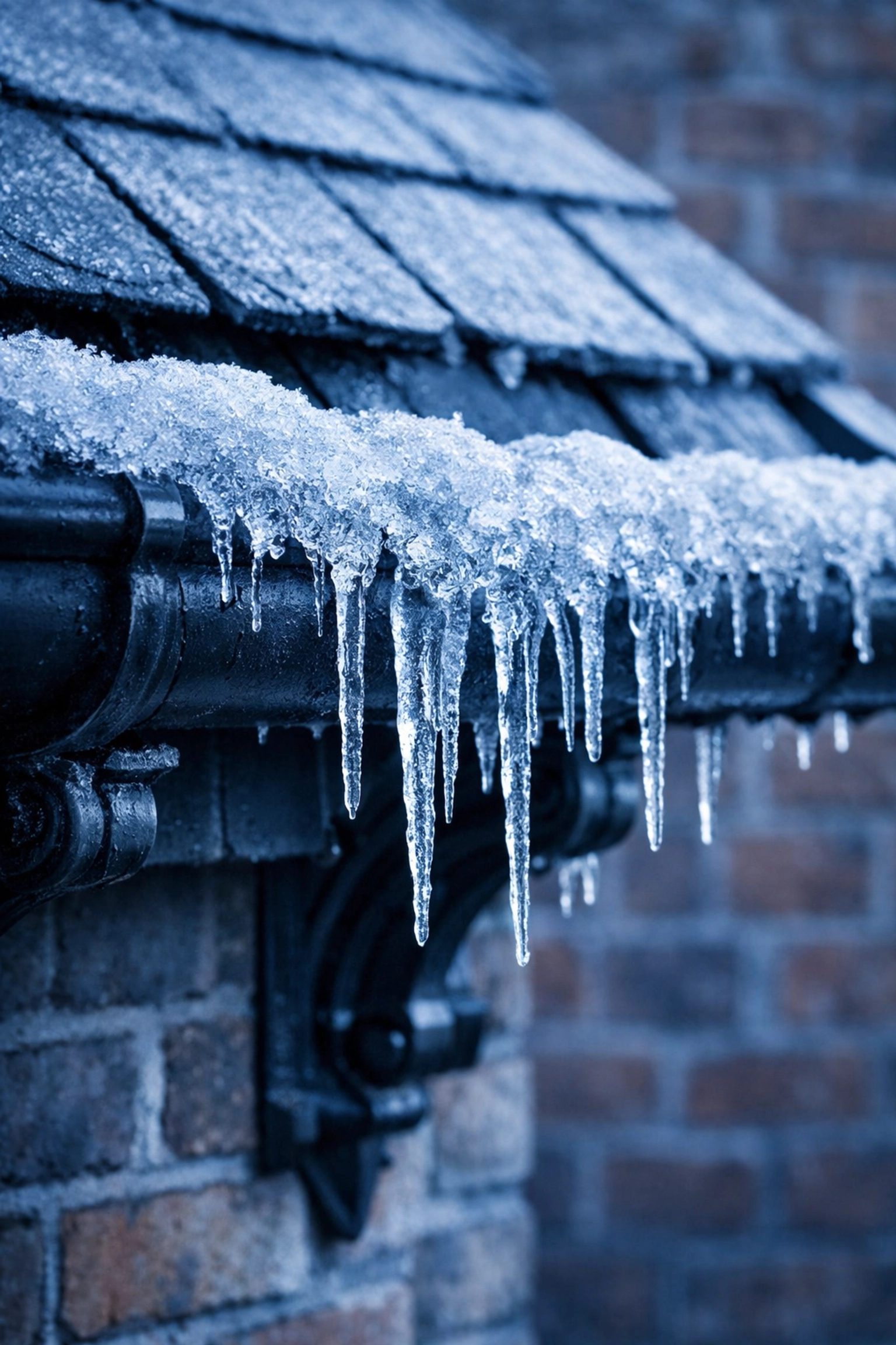 Ice dam formation in Cambridge house gutter with icicles during winter freeze-thaw cycle