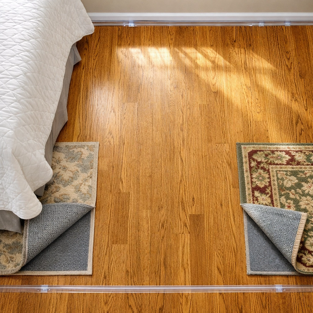 Fall-safe bedroom floor with secured rugs, taped cords, and clear pathways next to bed