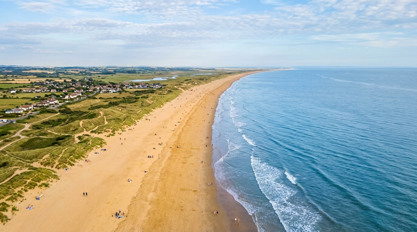An aerial view of the Camber Sands coastline
