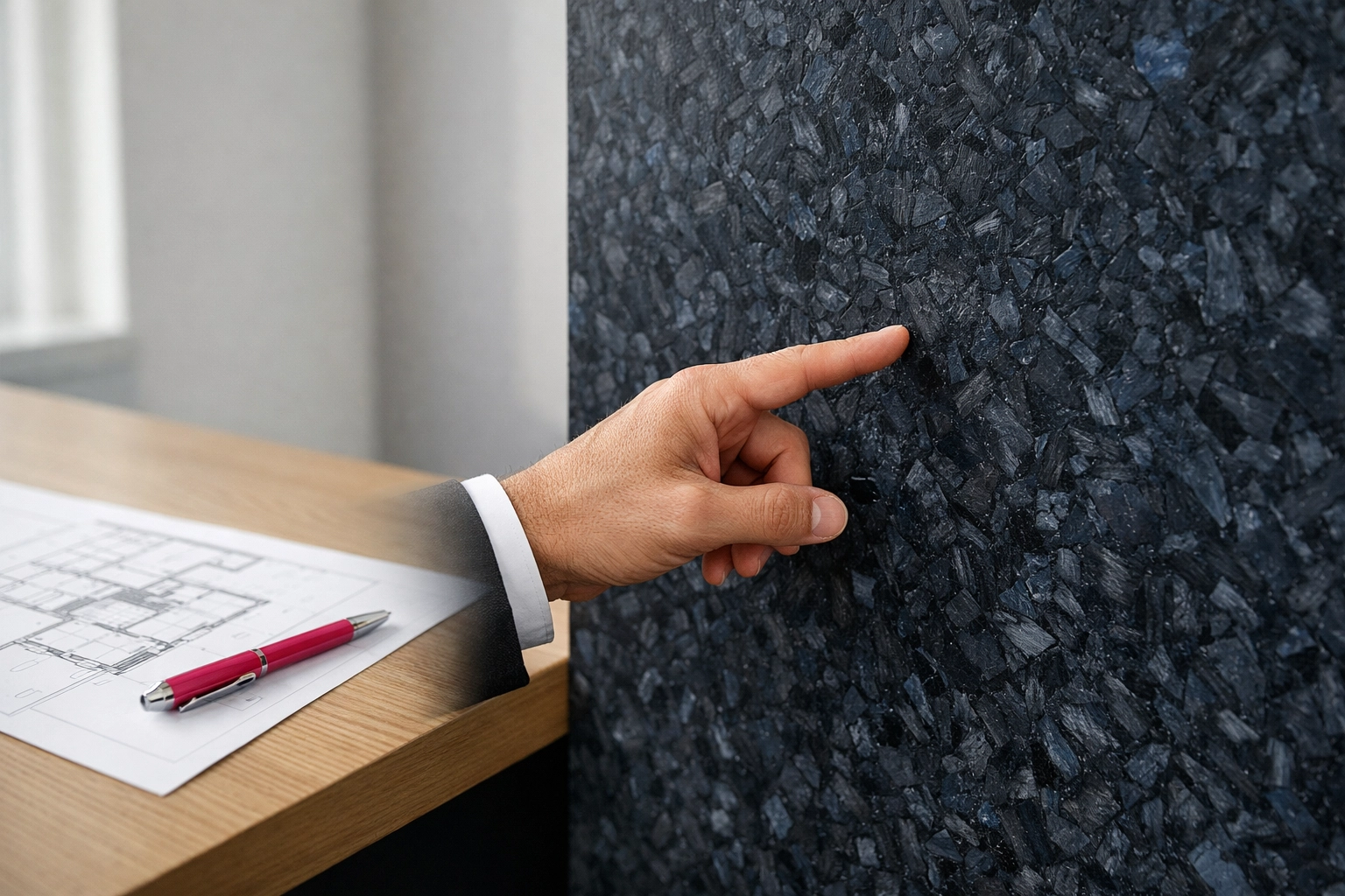 Sustainable office fit-out using a marbled recycled plastic panel to achieve carbon emission savings.