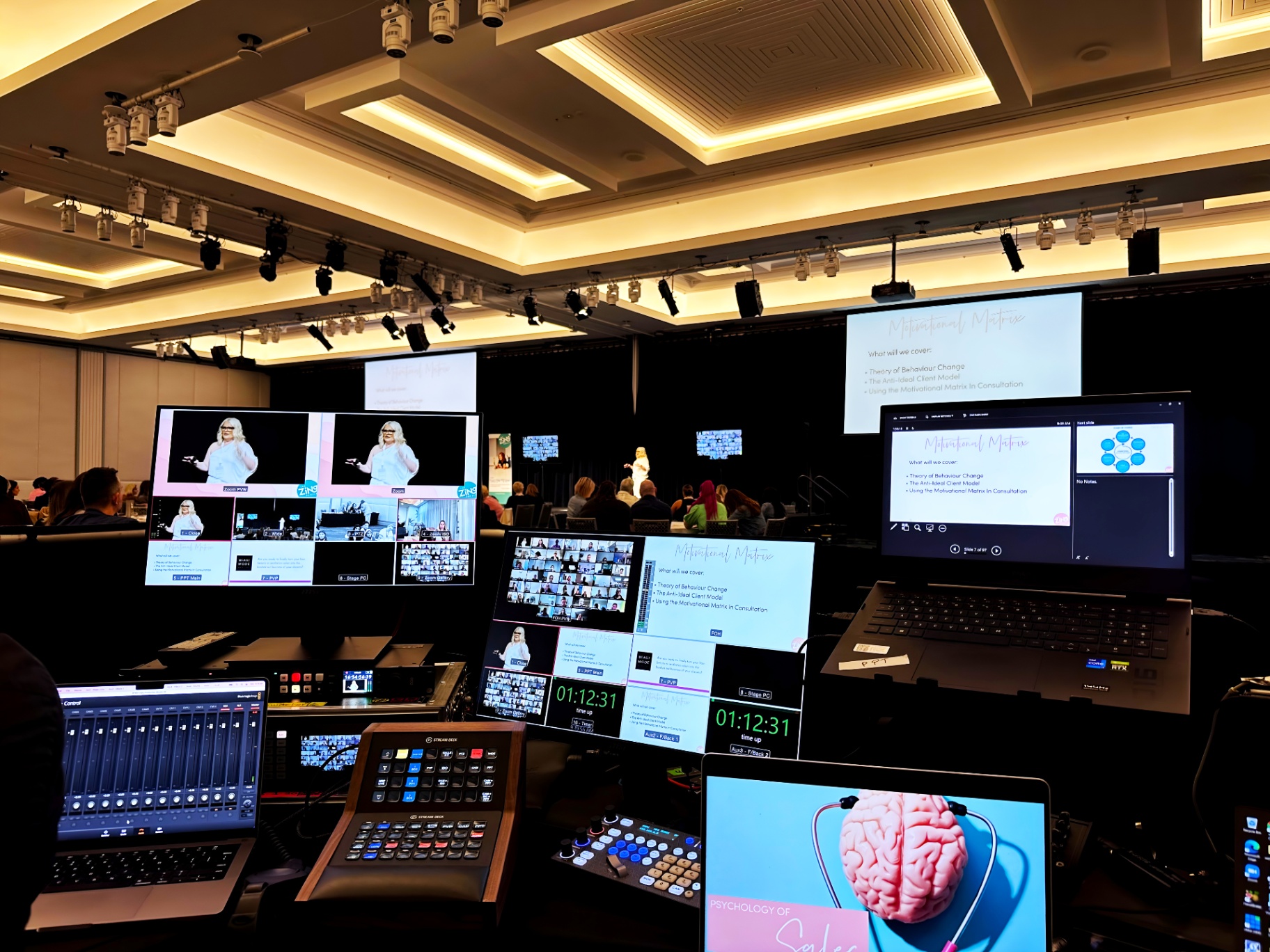 AV control booth setup at a conference