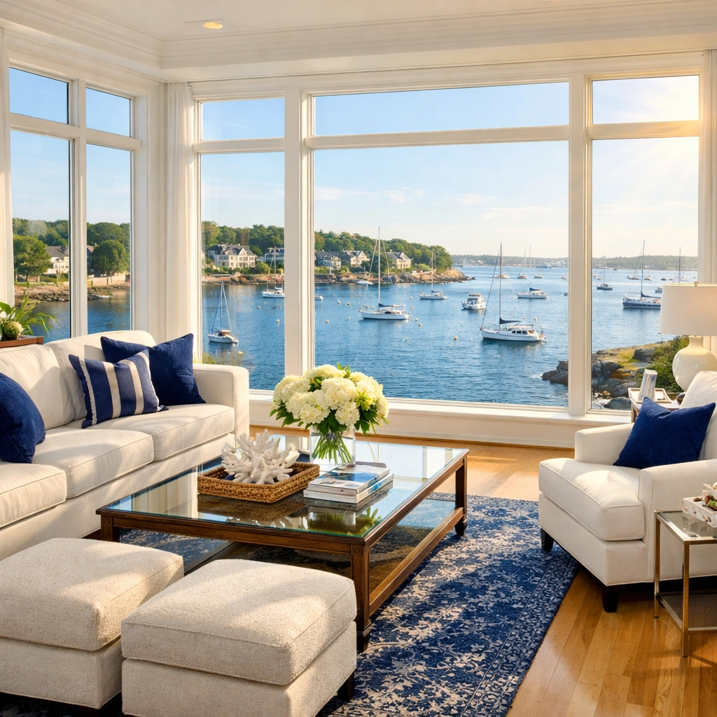 Clean luxury waterfront living room in Marblehead showing dust-free coastal decor and polished floors.