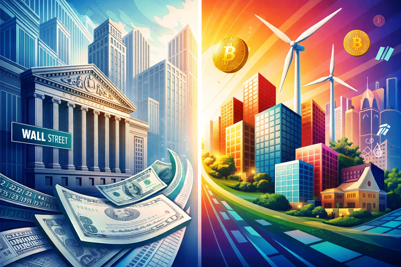 A visual comparison of traditional investments and modern alternatives like real estate and Bitcoin for portfolio diversification.