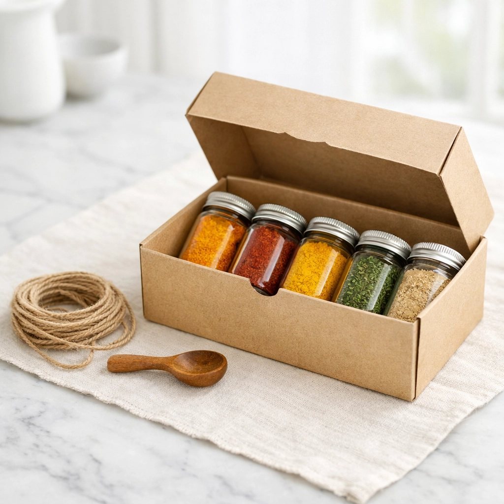 A premium farm fresh spices online delivery box with glass jars of vibrant ground spices.