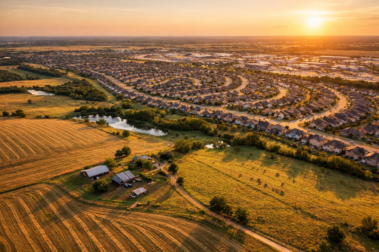 Aerial view of North Dallas suburban development transforming from Texas farmland