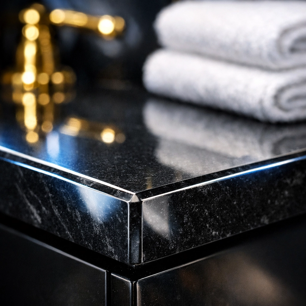 Detailed view of a streak-free polished stone bathroom vanity from residential cleaning Massachusetts.