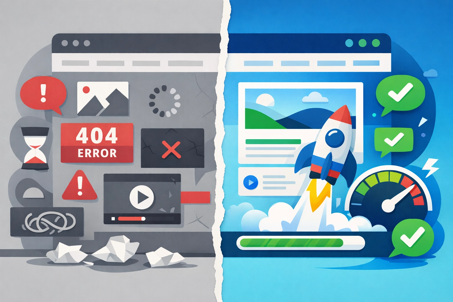 Before and after comparison of cluttered website versus clean optimized web design