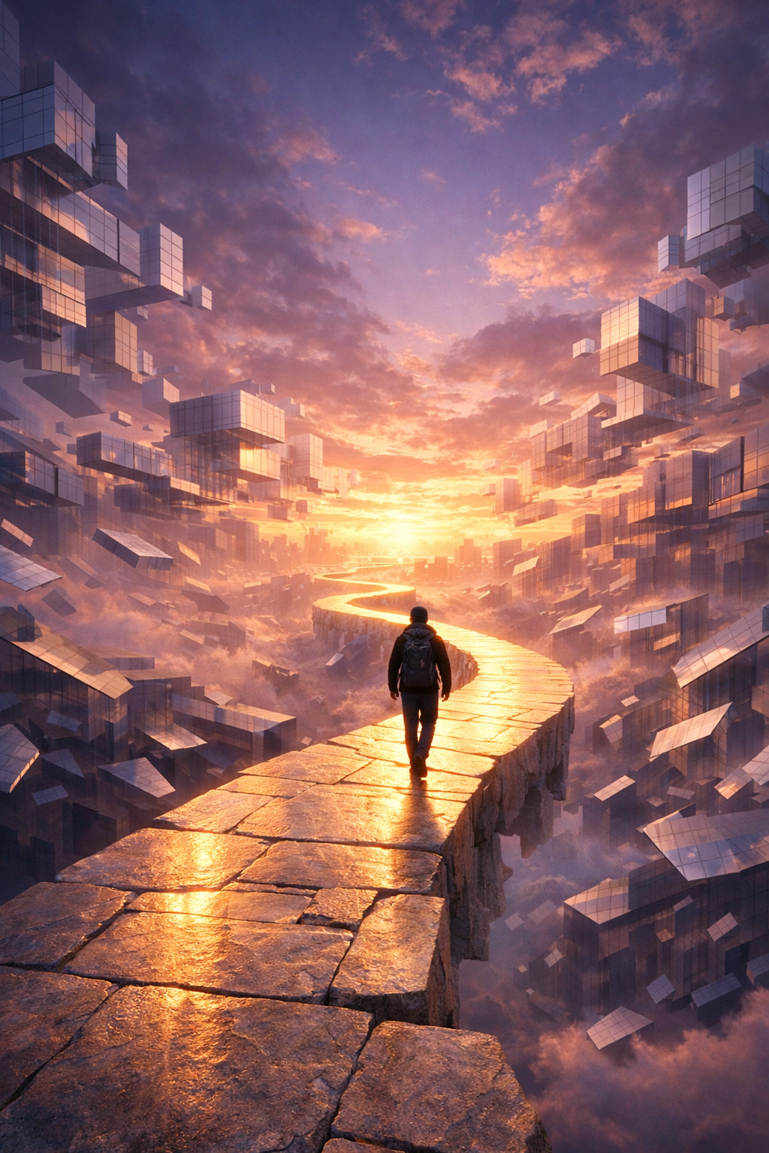 A person walking a steady path through a changing environment, symbolizing hope and stability in mental health.