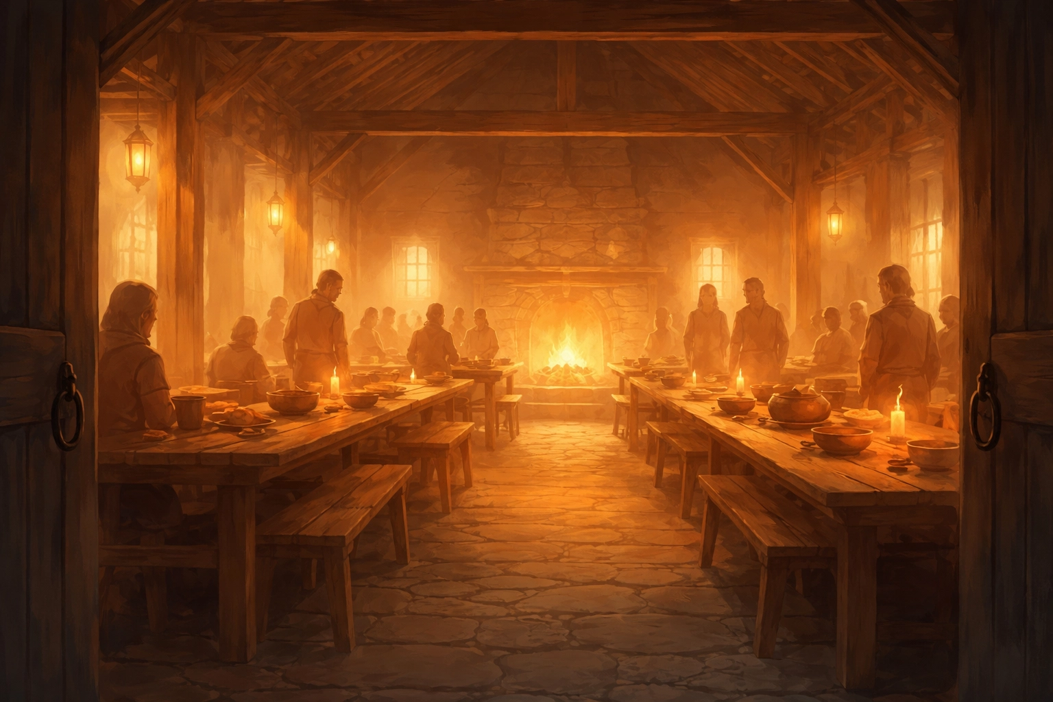 Village common hall bathed in hearthlight, villagers share a community meal around long wooden tables.