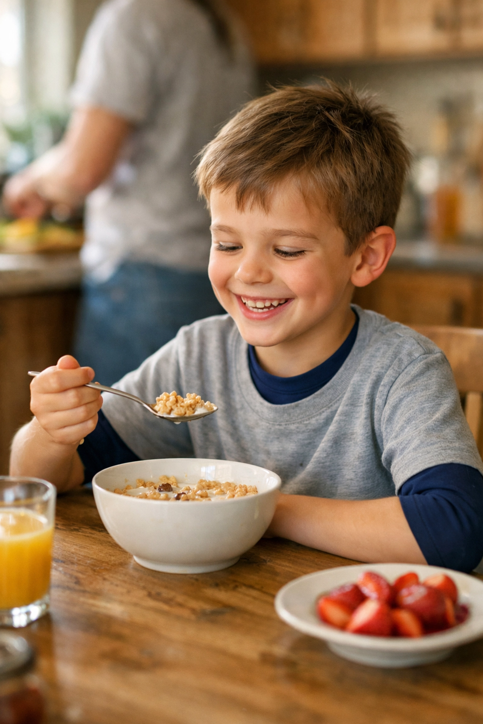 Happy child eating breakfast while wearing discreet sensory compression shirt