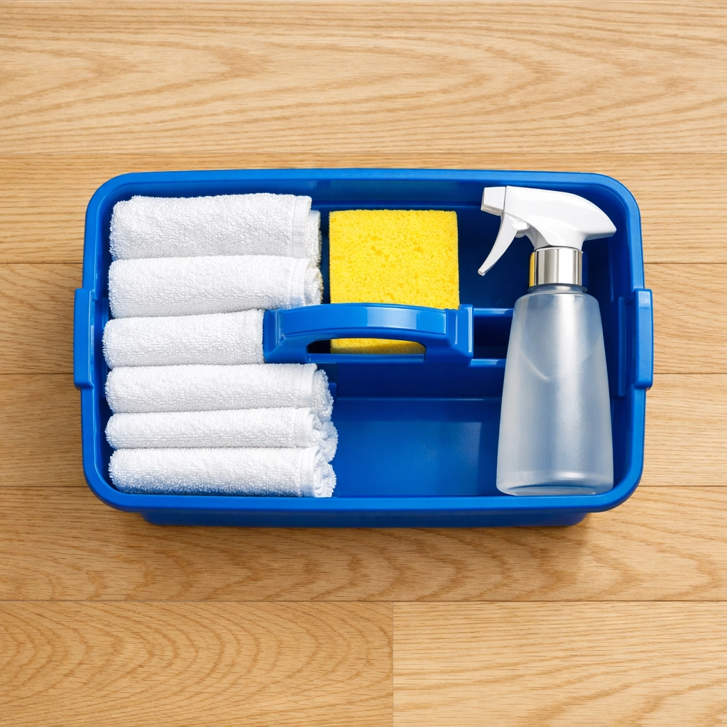 Clean tools and supplies in a professional caddy on polished floors for deep cleaning in Massachusetts homes.
