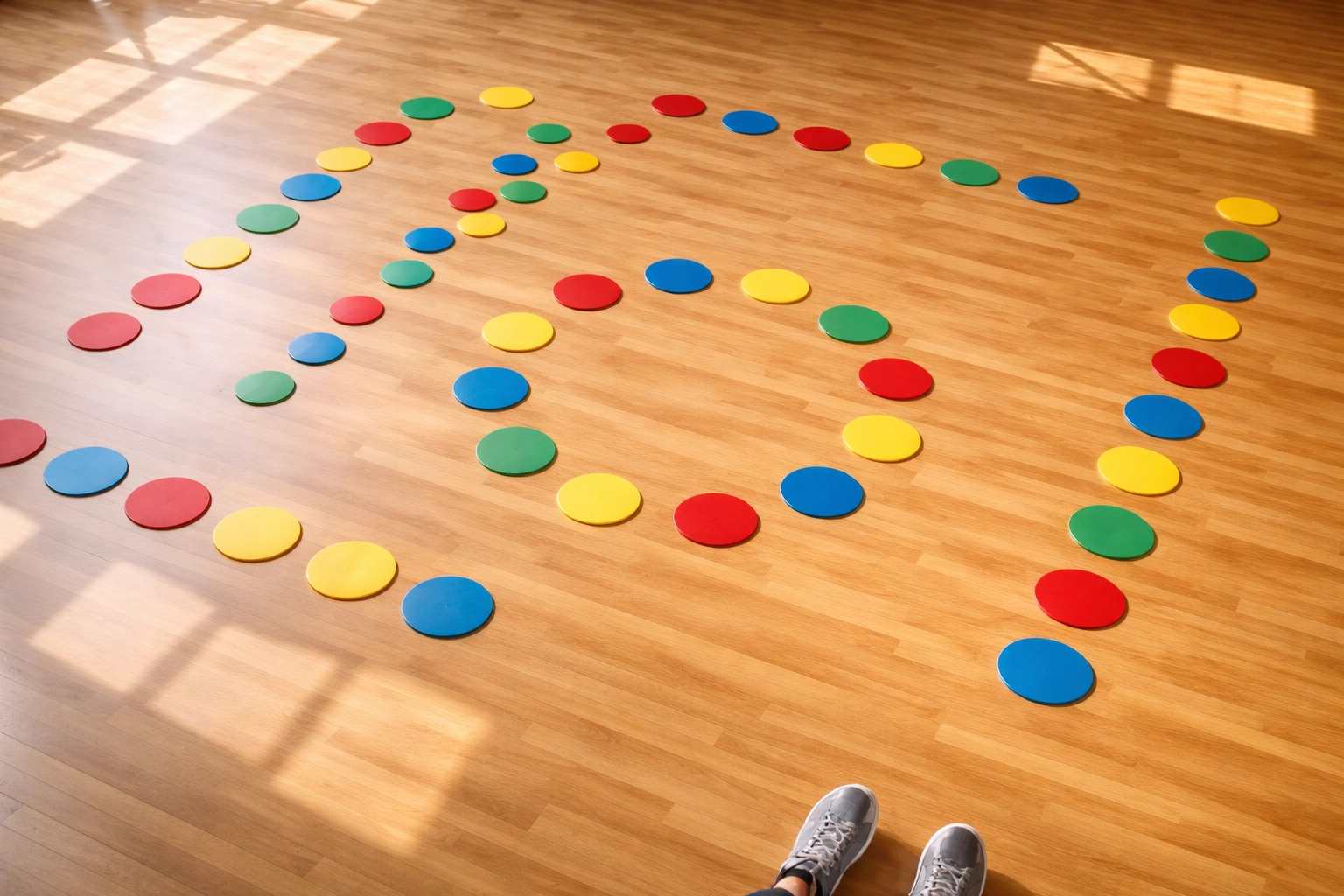 Overhead view of colorful agility spots arranged in patterns on a gym floor for precision footwork drills