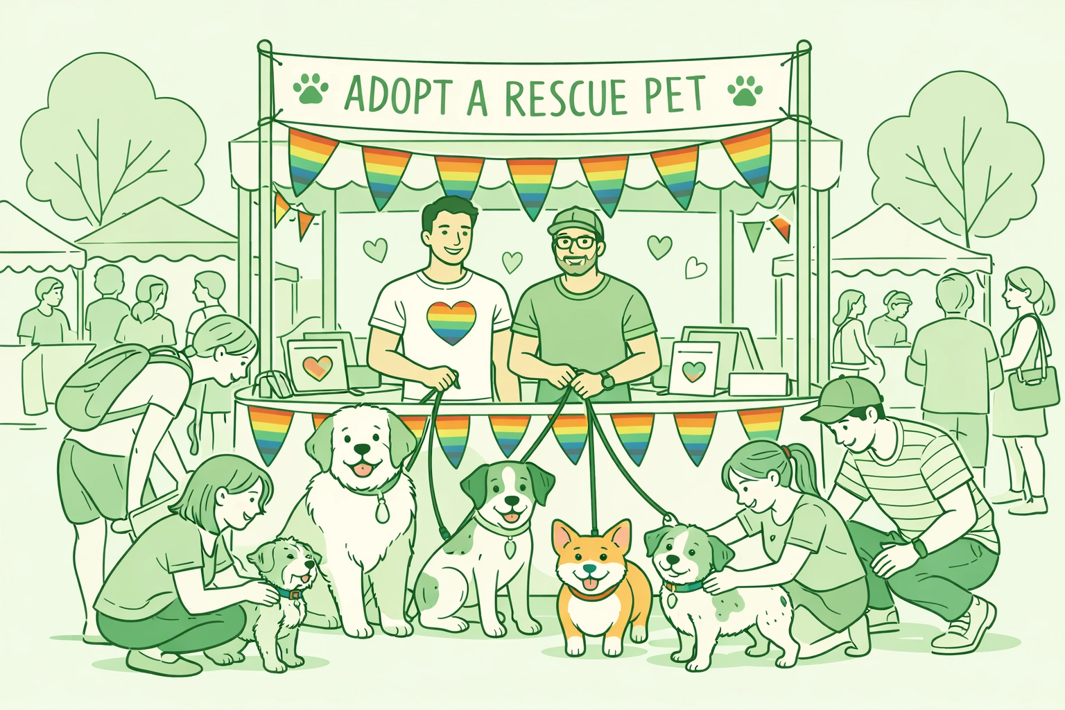 LGBTQ+ adoption agency showcasing rescue dogs at Pride event