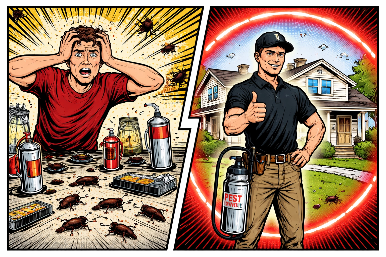 Split comic scene with a frustrated DIY homeowner battling pests versus a protected home with professional pest control, showing the value of quarterly service.