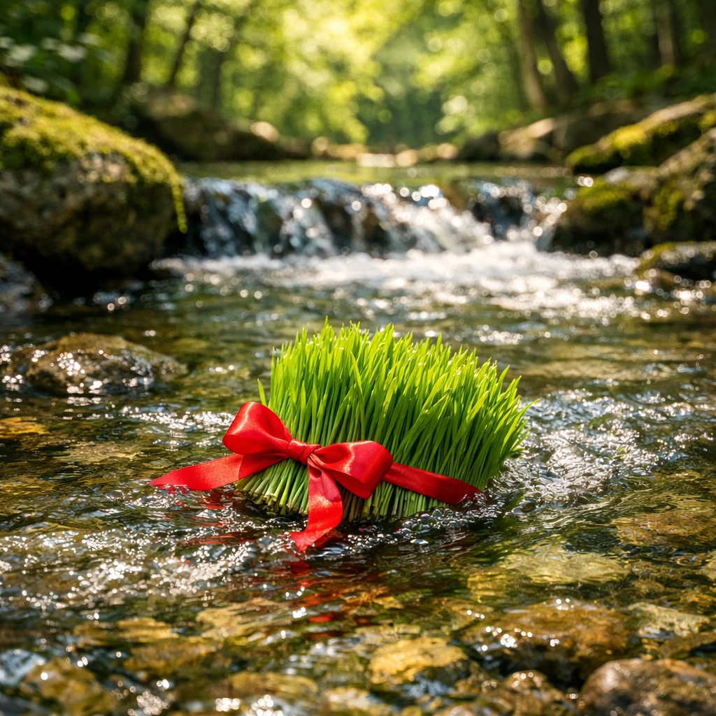 Nowruz Sabzeh sprouts floating in a forest stream, symbolizing renewal during Sizdah Bedar.