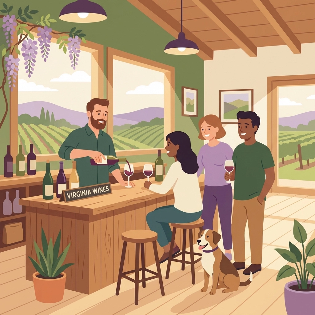 Welcoming Virginia winery tasting room with a winemaker serving guests amongst vineyard scenery