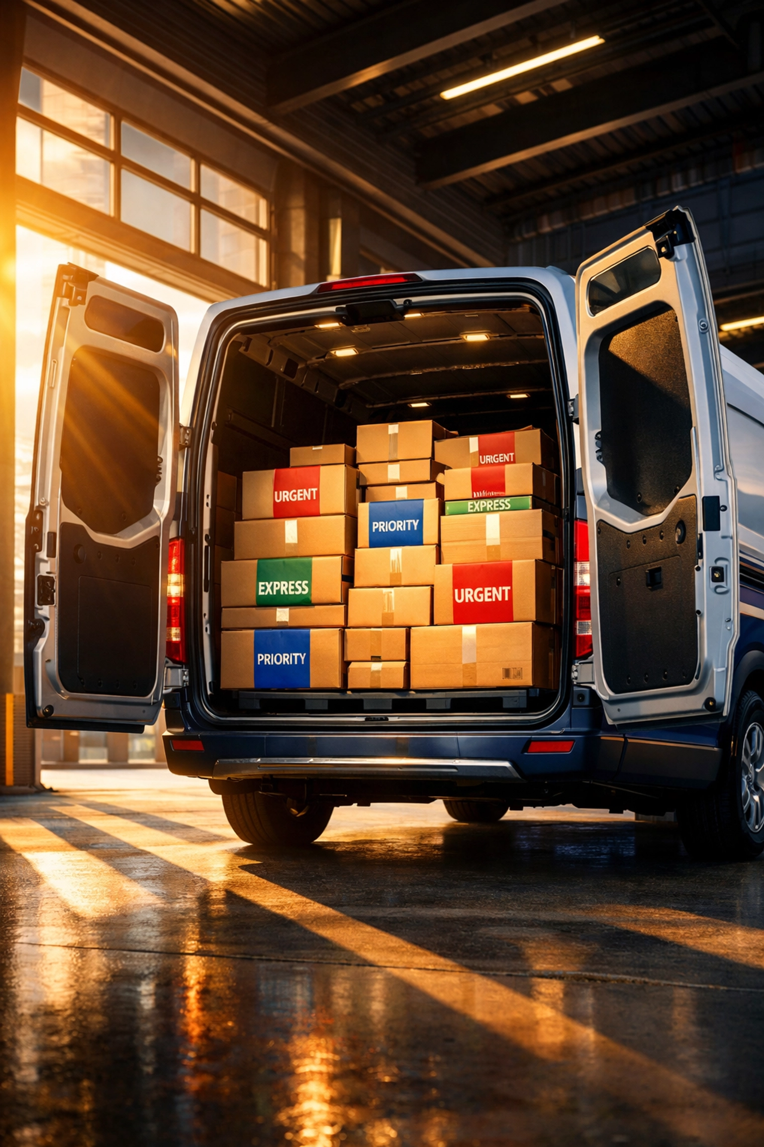 Express courier van loaded with priority parcels ready for next-day UK delivery