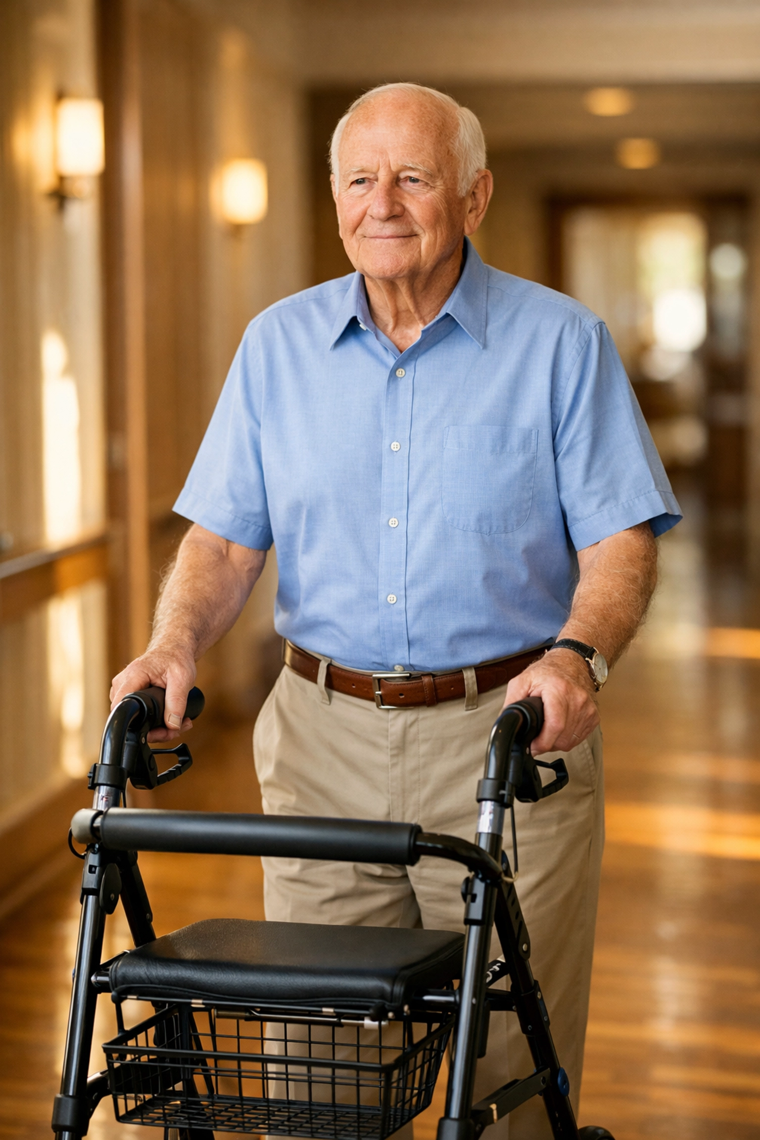Elderly man walking with a rollator using proper upright posture for stability and balance support.