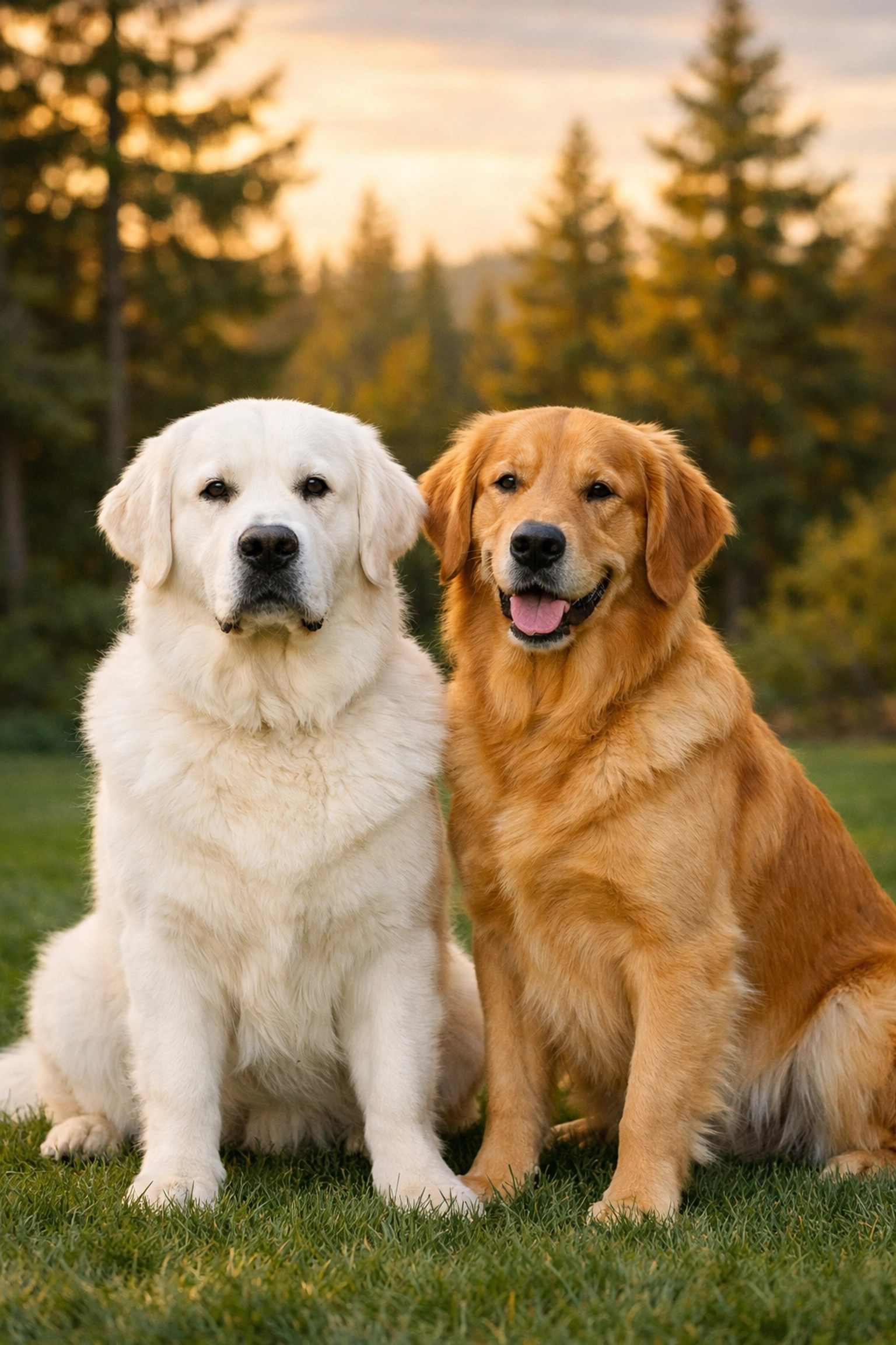 English Cream vs American Golden Retriever comparison in a natural Pacific Northwest setting.