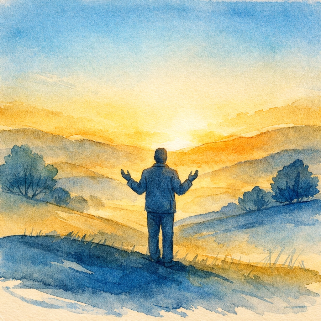 Person worshiping on hillside at sunset illustrating deeper faith and spiritual transformation