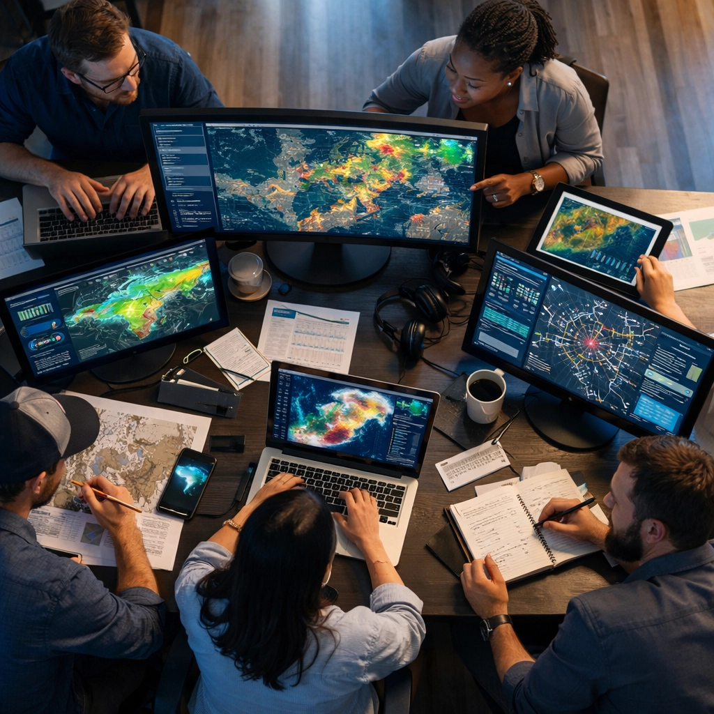 Data science team collaborating on geospatial data visualizations and analytics dashboards