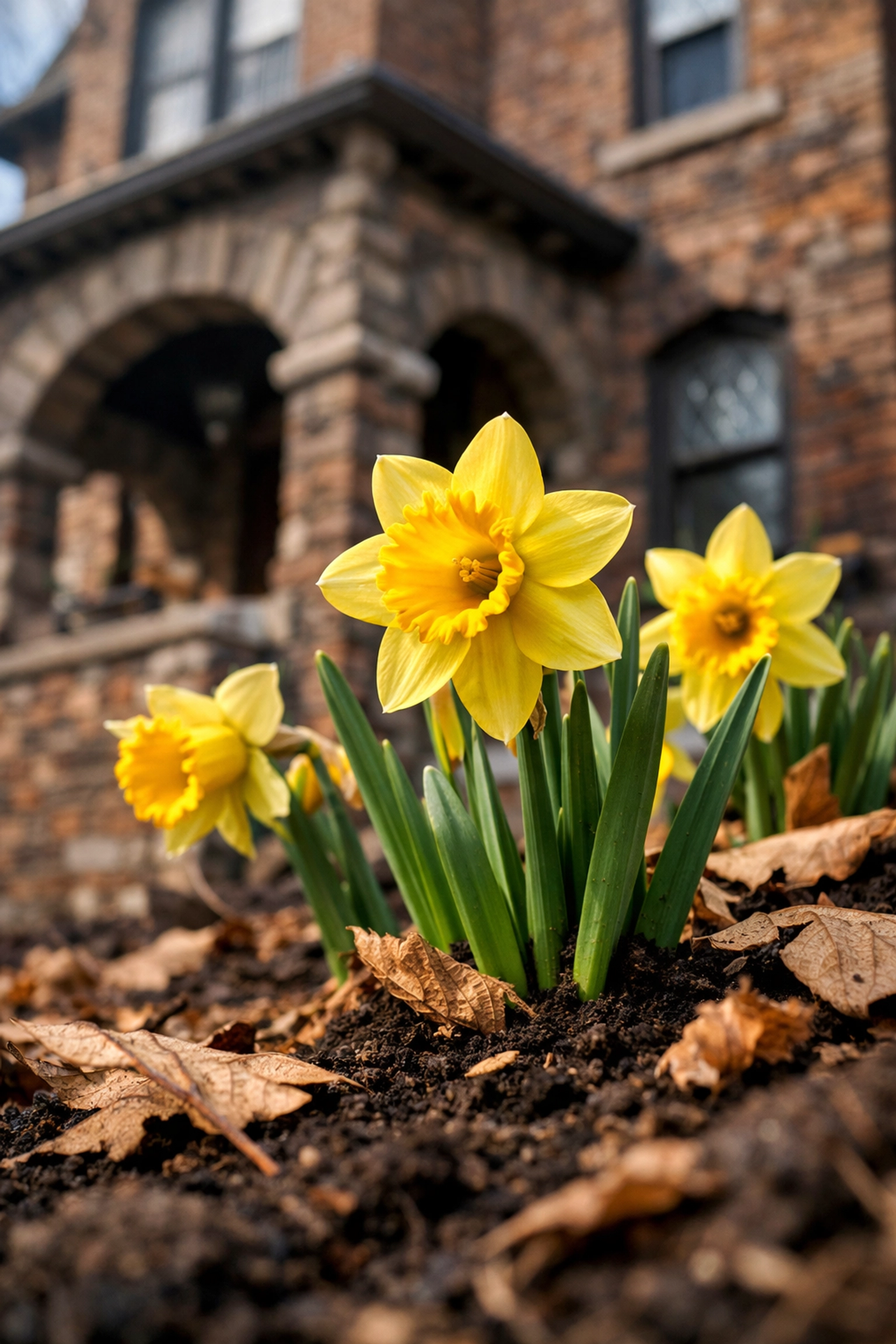 Yellow daffodils blooming in front of a historic Detroit home during spring.