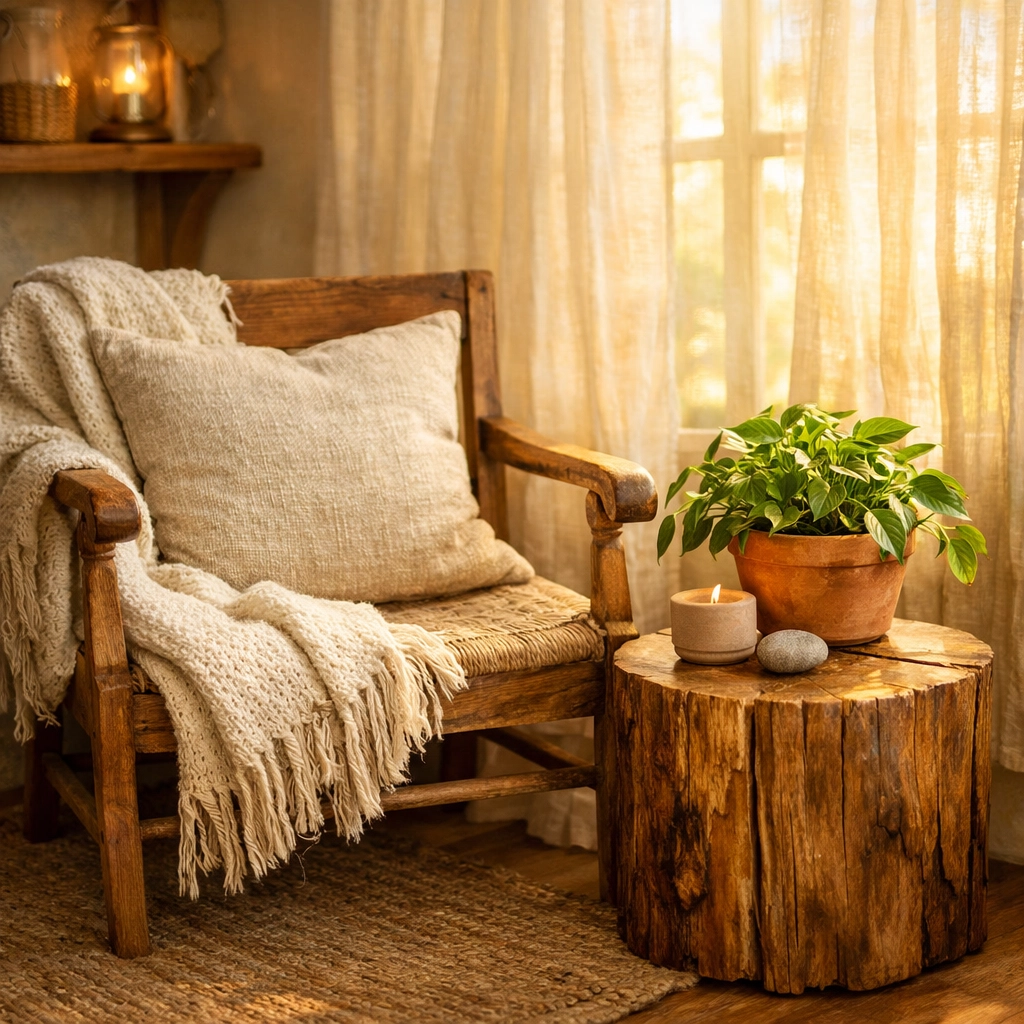 Serene home care corner with a handcrafted wooden armchair, natural textiles, and lush greenery for a calming atmosphere.
