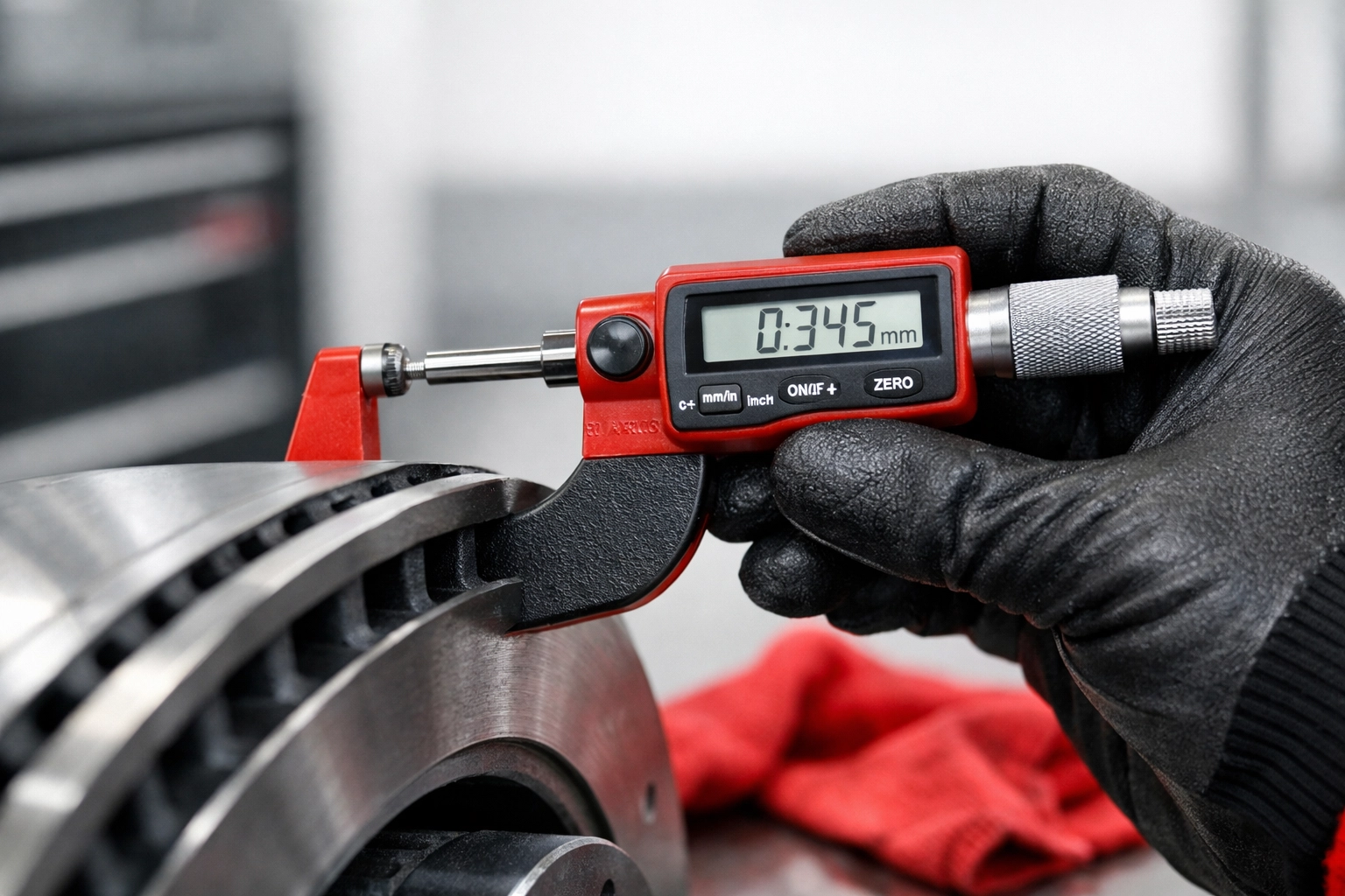 Auto mechanic using a digital micrometer to measure brake rotor thickness for safety.