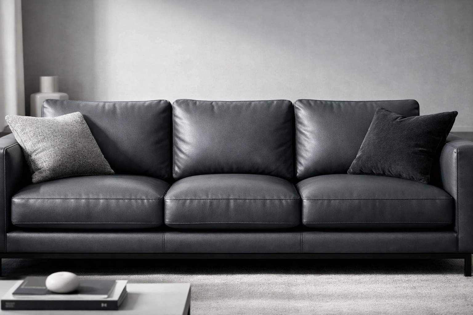 Modern sofa with firm, supportive cushions restored with custom cut foam by Stuff It Upholstery.