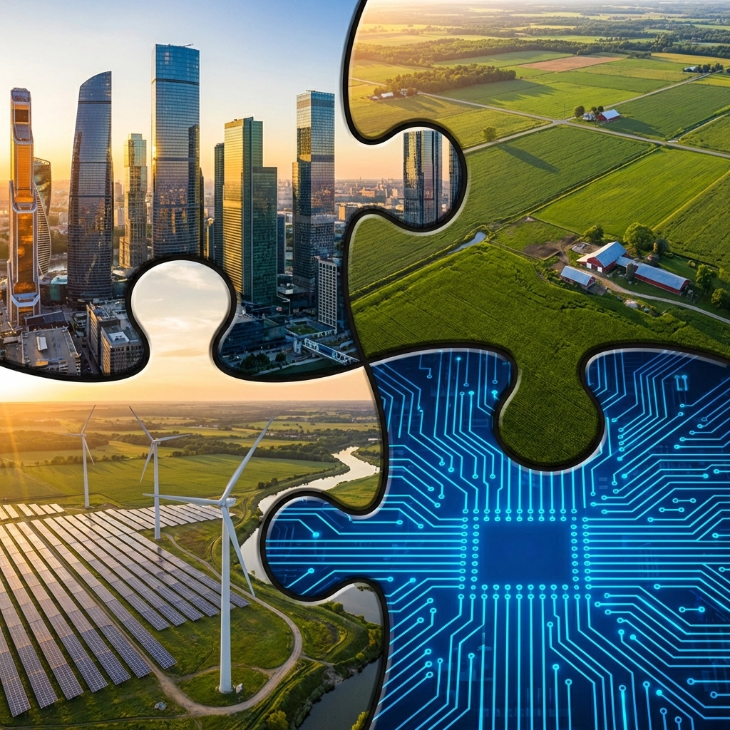 Aerial view of city, farmland, renewables, and digital networks, illustrating portfolio diversification with alternative assets.