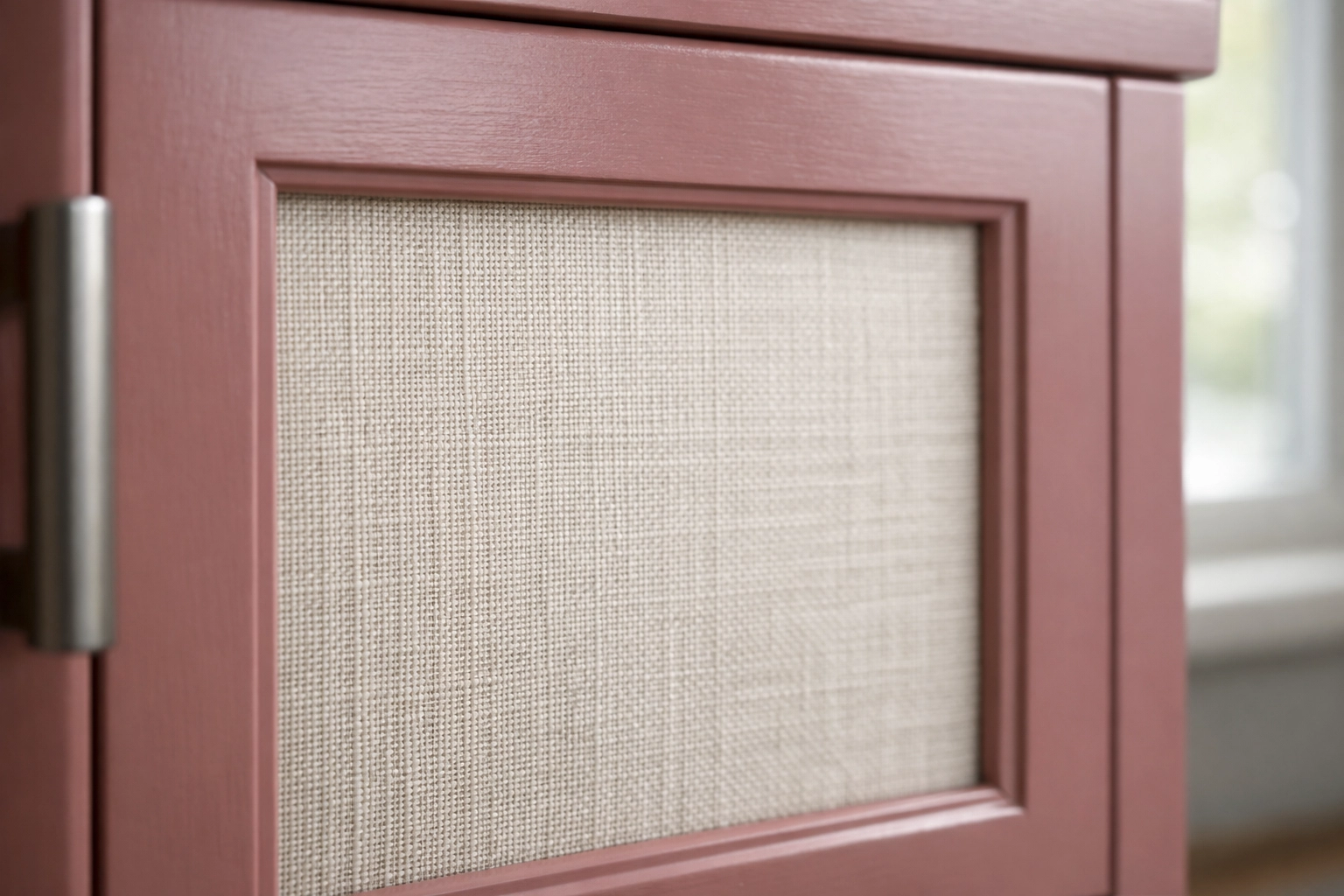 Sophisticated charcoal-grey upcycled TV unit with brass handles in a bright, modern living room.