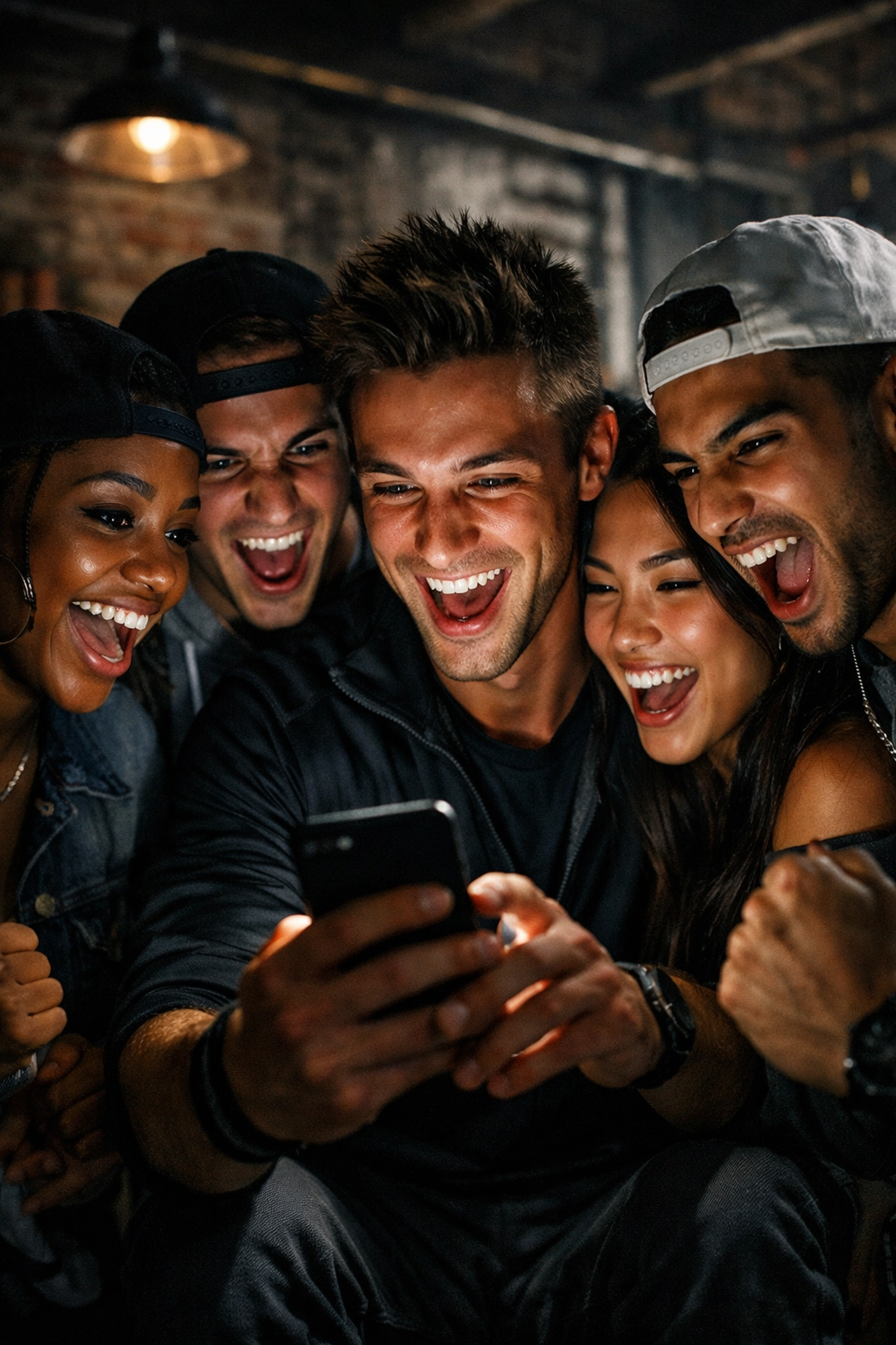 Young fans sharing viral sports videos on a phone to demonstrate high sharing intent and brand engagement.