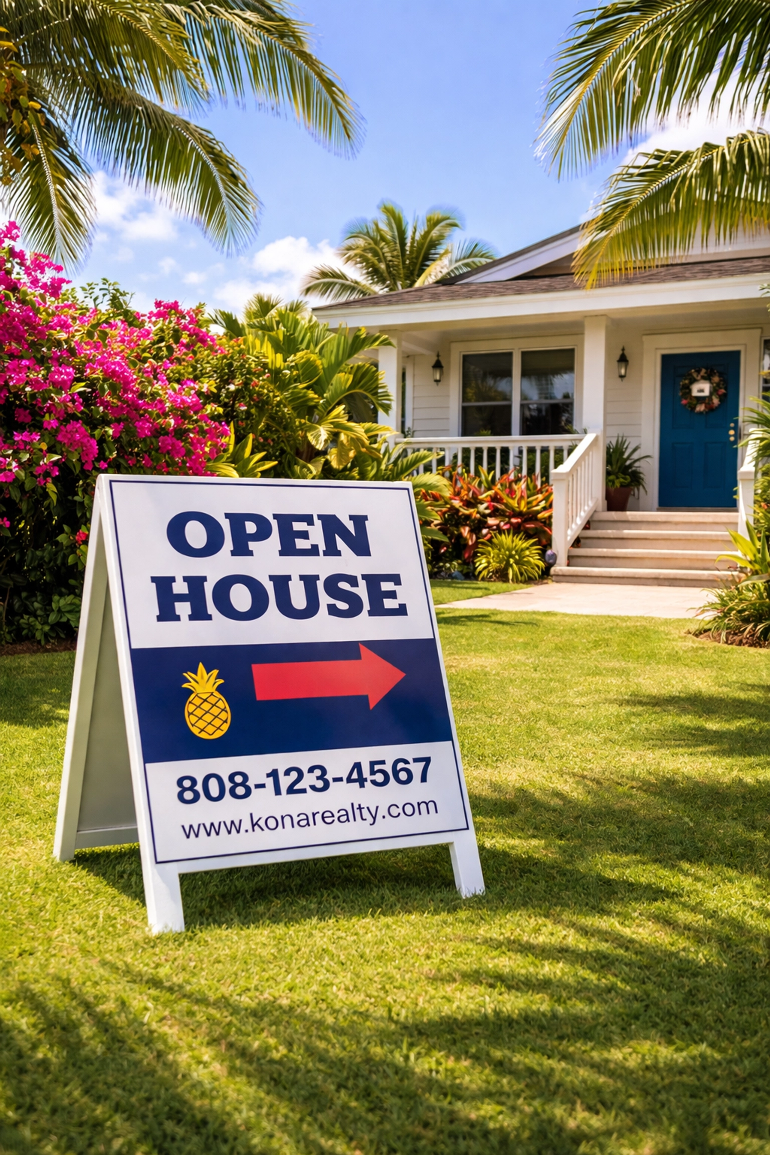 A-frame open house sign on lawn in front of a Hawaiian home, ideal for Kona real estate professionals