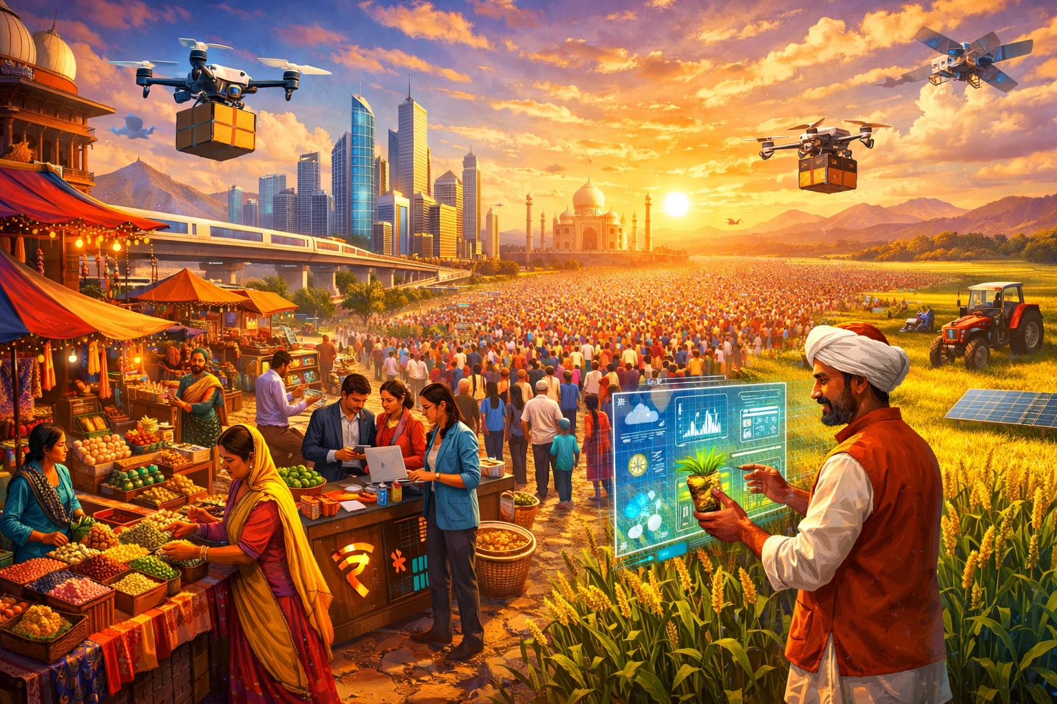 Modern Indian marketplace with drones and tech reflecting the massive reach of the Indian startup ecosystem.