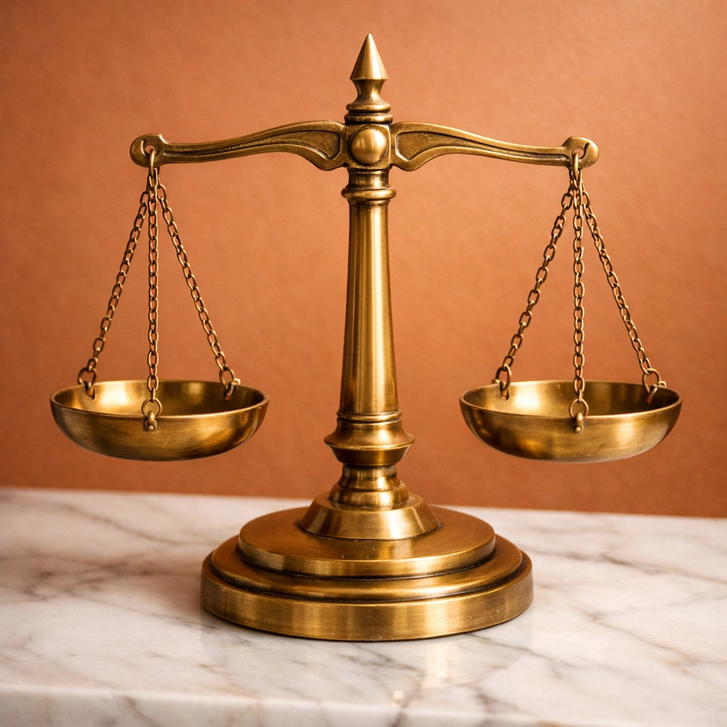Brass scales of justice on marble representing legal fairness in domestic violence and child custody cases in Fredericksburg.