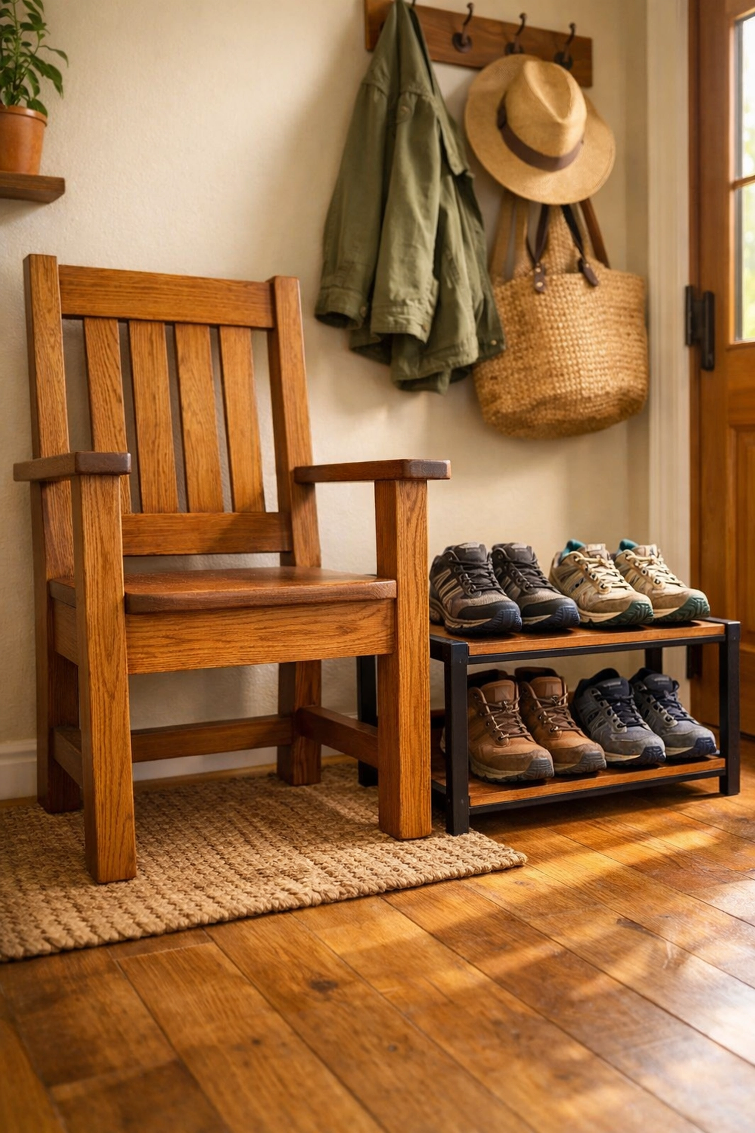 Sturdy entryway chair with armrests and a neat shoe rack for safe balance and mobility.